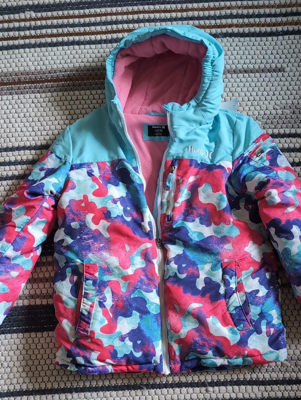Hurley Girls Teal, Pink & Purple Camouflage Puffer Jacket
